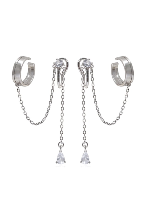 3 Pairs Ear Cuffs Personality Long Chian Without Piercing Inlaid Rhinestone Long Tassel Clip Earrings Jewelry Accessory,Silver