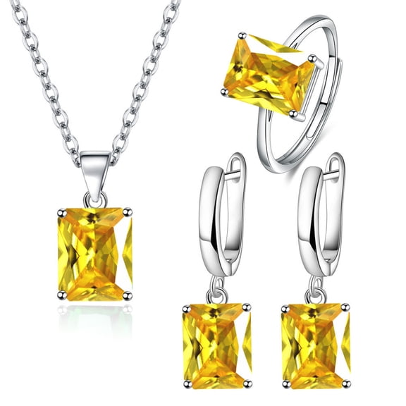 AYYUFE 3 Sets/12PCS Finger Ring Rectangle Shape Shiny Charming Cubic Zirconia Vintage Pendant Dress Up Anti-rust Women Luxury Rhinestone Necklace Hoop Earrings Jewelry Accessory,Yellow