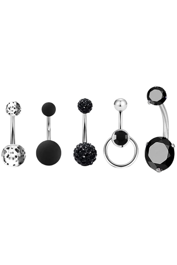 3 Sets/15PCS Women Navel Rings Geometric Decorative Cubic Zirconia Belly Button Bar Rings Body Piercing Jewelry for Beach,Black