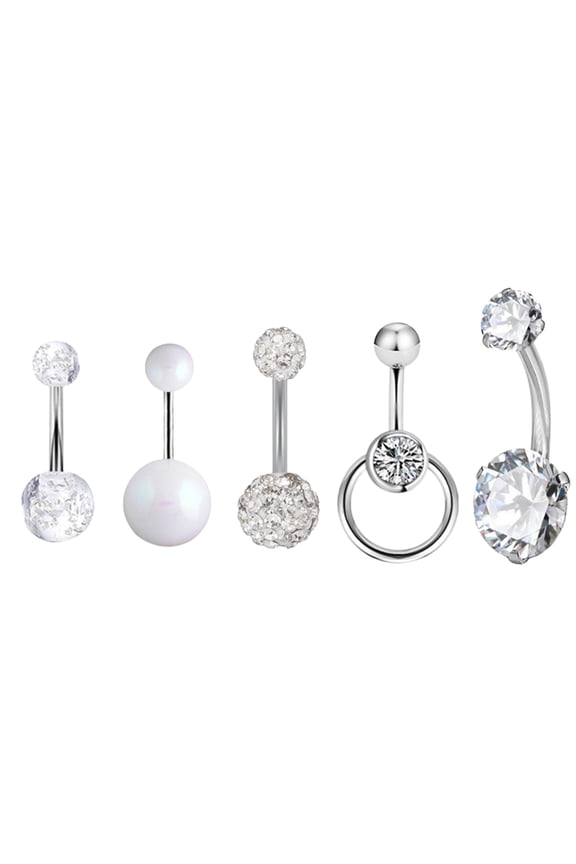 3 Sets/15PCS Women Navel Rings Geometric Decorative Cubic Zirconia Belly Button Bar Rings Body Piercing Jewelry for Beach,White