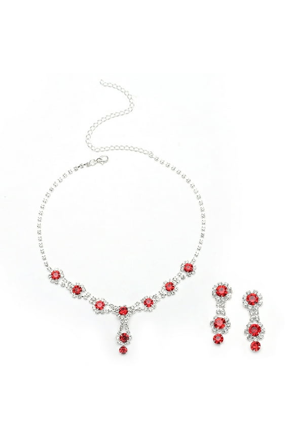 3 Sets Women Jewelry Set Temperament Shining Sparkling Adjustable Chain Decorative Wedding Gift Rhinestone Pendant Necklace Earring Set Bridal Jewelry Accessory,Red