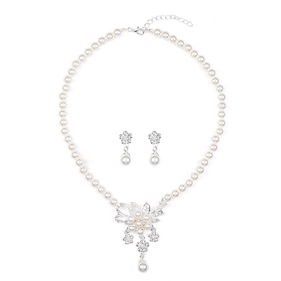 AYYUFE 3 Sets Women Necklace Beaded Glossy Faux Pearls Rhinestone Embedded Flower Bride Necklace Stud Earrings Kit Wedding Jewelry,Silver