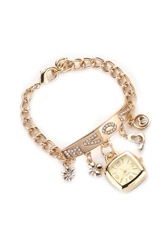 3PCS Bracelet Wrist Watch Rhinestone Flower Heart Love Style Stainless Steel Stylish Quartz Bracelet Watch for Daily Life,Golden