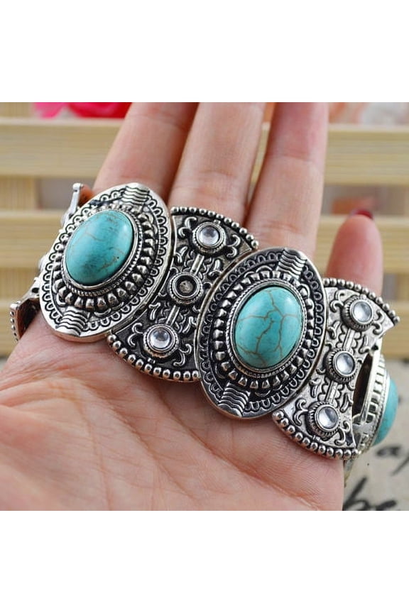 3PCS Retro Women's Gift Oval Turquoise Carved Tibetan Bangle Bracelet Boho Jewelry