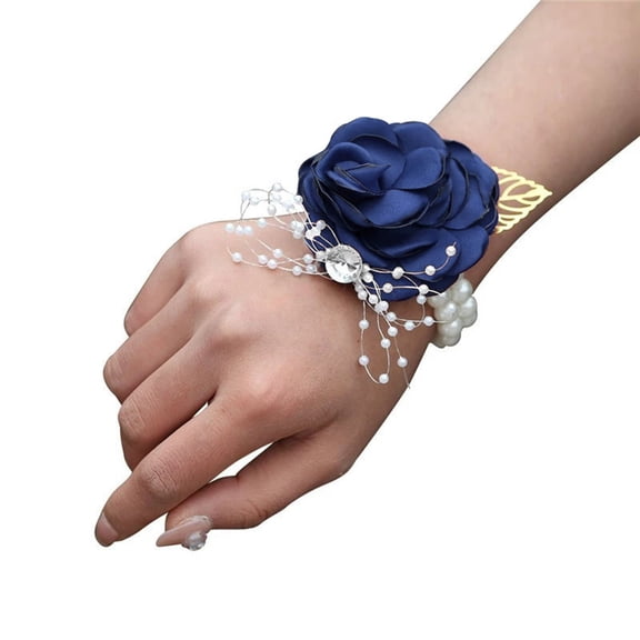 AYYUFE 3PCS Rose Wrist Corsage Boutonniere Fine Workmanship Rhinestone Corsage Elegant Wedding Flower Accessories Navy Blue