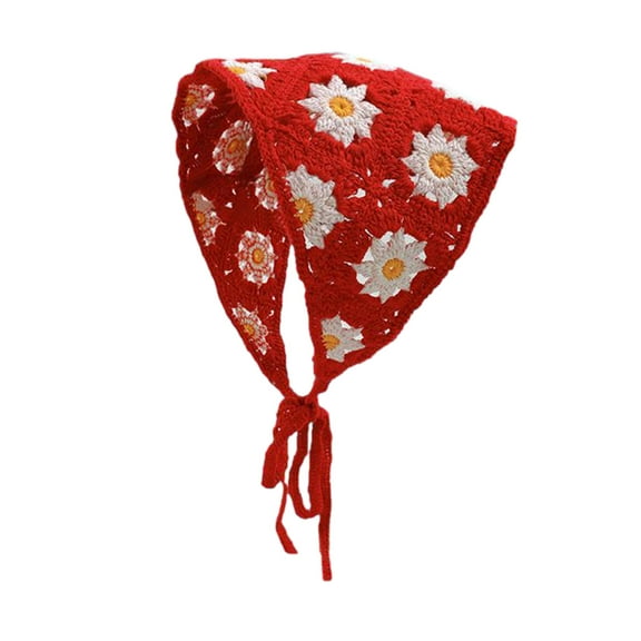 AYYUFE 3PCS Women Knitting Headscarf Crochet Flower Pattern Hollow Out Headscarf Girl Triangle Headband Head Accessories Red