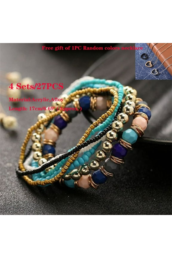 4 Sets/28PCS Boho Bracelets Women Boho Bohemian Mix Multilayer Elastic Beaded Bracelets for Banquet Party