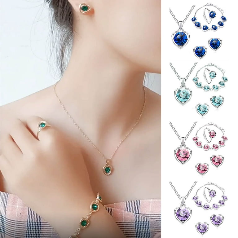 AYYUFE 4Pcs/Set Shiny Elegant Necklace Earrings Bracelet Ring Adjustable  Women Rhinestone Heart Pendant Necklace Set Jewelry Accessory