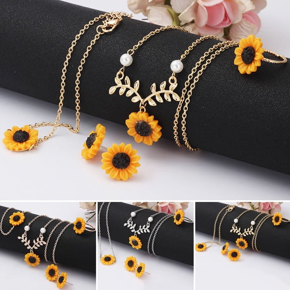 AYYUFE 4Pcs/Set Women Jewelry Set Sunflower Shape Vivid Stainless Leaf Decor Women Necklace Ring Jewelry Set for Wedding