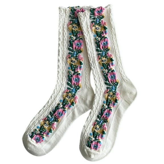 AYYUFE 5 Pairs Middle Tube Twist Warm Women Socks Flower Pattern Ethnic Print Crew Socks for Autumn Winter White