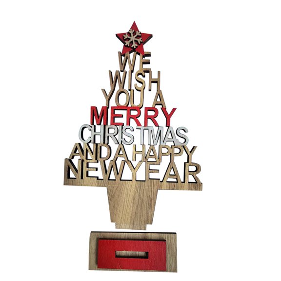 AYYUFE 5PCS Christmas Tree Wooden Hollow Out Festival Decorative Handmade Desktop Ornaments Gift English Letter Xmas Tree New Year Decoration Party Supplies Yellow