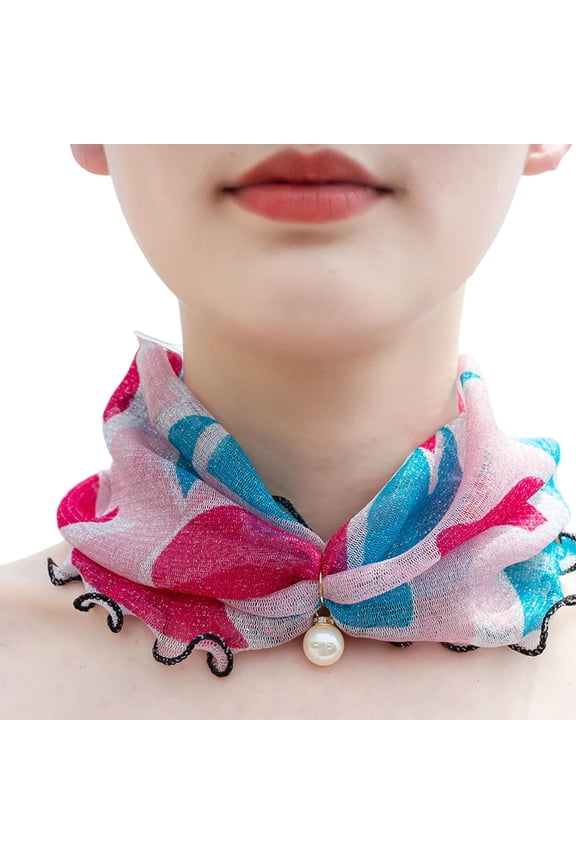 5PCS Women Sunscreen Neck Collar Faux Pearl Decor Organza Chiffon Scarf Printing Sheer Trim Loop Scarf Neck Accessory style F