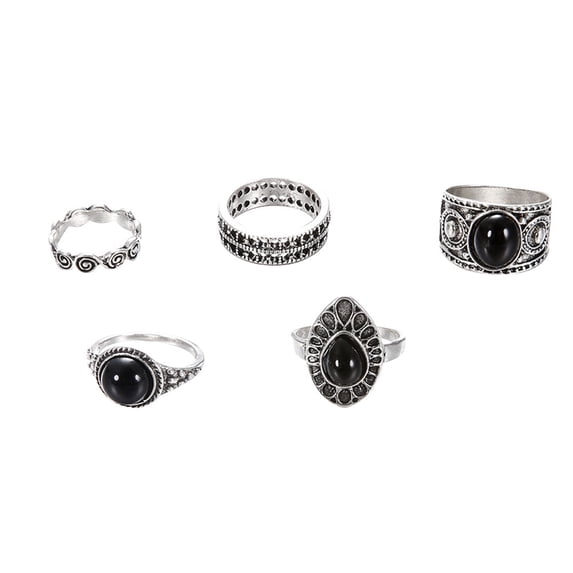 AYYUFE 5Pcs Vintage Hollow Drop Above Knuckle Women Stacking Midi Rings Set Pub Gift Alloy, Faux Black Stone Multi-color