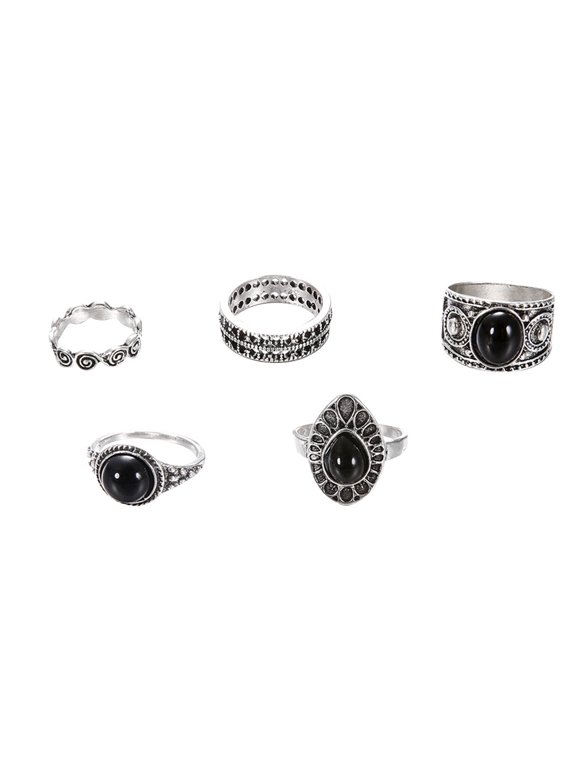 5Pcs Vintage Hollow Drop Above Knuckle Women Stacking Midi Rings Set Pub Gift Alloy, Faux Black Stone Multi-color