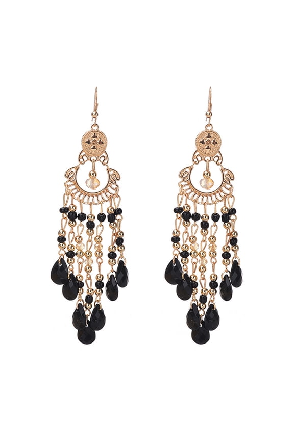 6 Pairs Women Hook Earrings Vintage Ethnic Style Exaggerated Hollow Out Beads Waterdrop Shape Bohemian Ear Decoration Jewelry Vacation Earrings Hanging Earrings,Black