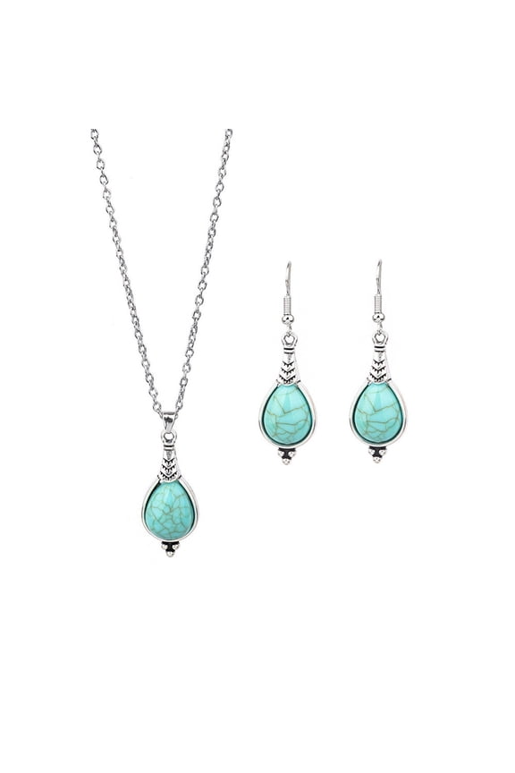 6 Sets/12PCS Ethnic Style Faux Turquoise Necklace Earrings Set Women Shining Rhinestones Inlaid Pendant Necklace Hook Earrings Jewelry Set,D