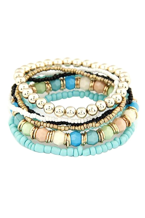 6 Sets/42PCS Women Boho Bohemian Mix Style Multilayer Elastic Beaded Bracelets for Banquet Party,Green