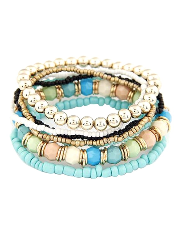 6 Sets/42PCS Women Boho Bohemian Mix Style Multilayer Elastic Beaded Bracelets for Banquet Party,Green