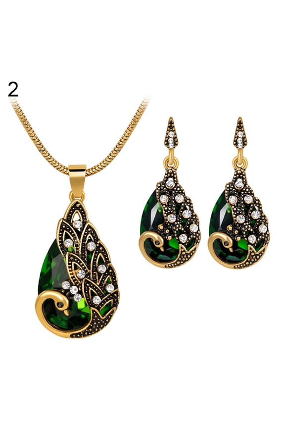 6 Sets Rhinestone Earrings Jewelry Fake Gemstone Peacock Pendant Necklace,Green