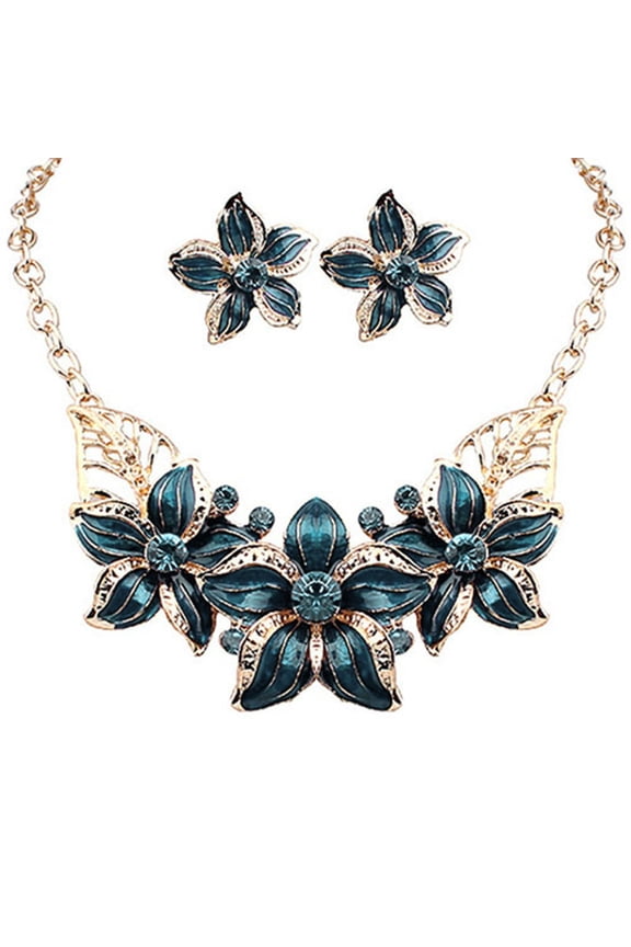 6 Sets Women Rhinestone Flower Statement Pendant Necklace Earrings Jewelry Set,Blue