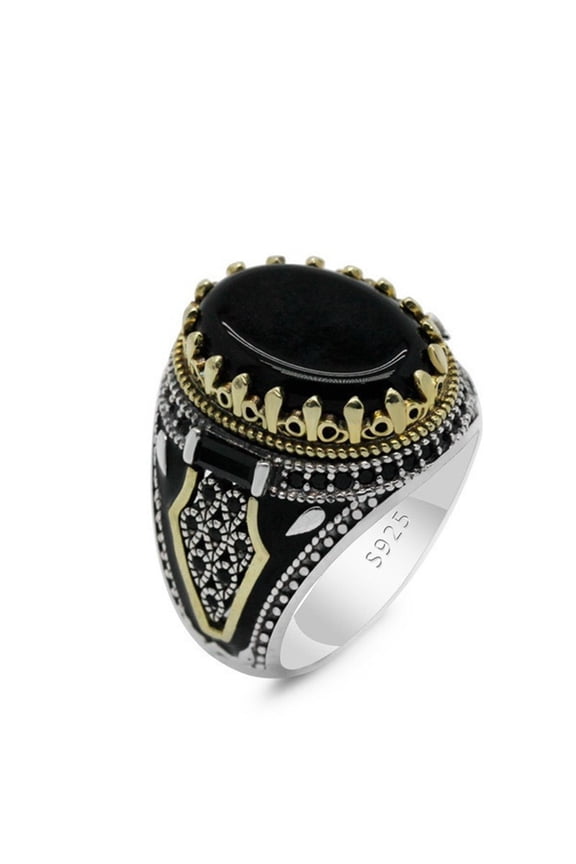 6PCS Men Ring Vintage Punk Metal Carving Ancient Pattern Two Tone Decorative Gift Faux Agate Inlaid Male Party Ring Wedding Jewelry,Black,US 13