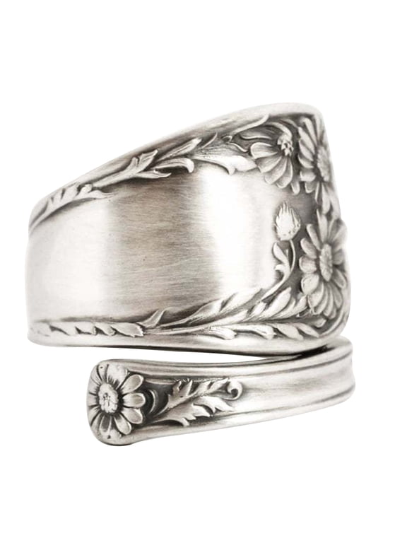 6PCS Sunflower Spoon Adjustable Ring Boho Vintage Finger Open Ring Extendable Wrap Bands for Women Men Jewelry ,Antique Silver