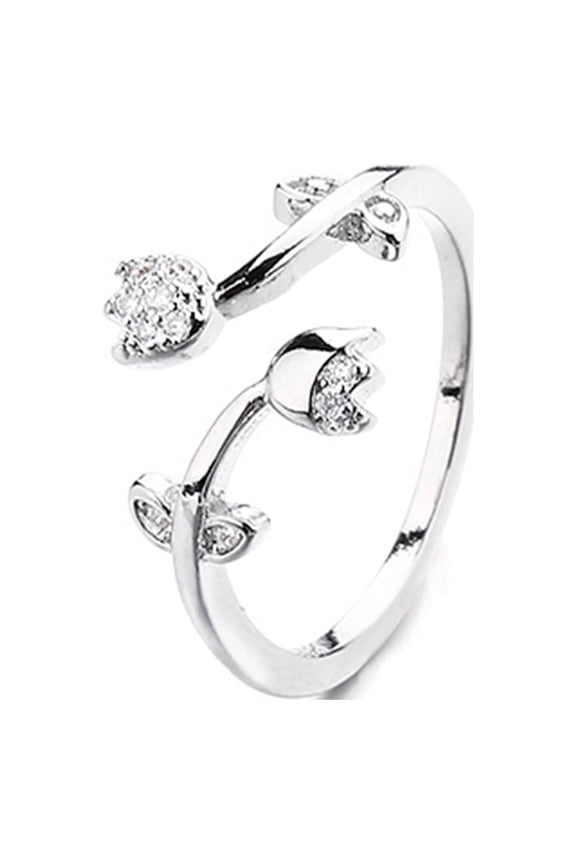 6PCS Women Ring Temperament Shiny Rhinestone Inlaid Sparkling Adjustable Opening Decorative Gift Ladies Tulip Finger Ring Party Jewelry for Dating,Silver