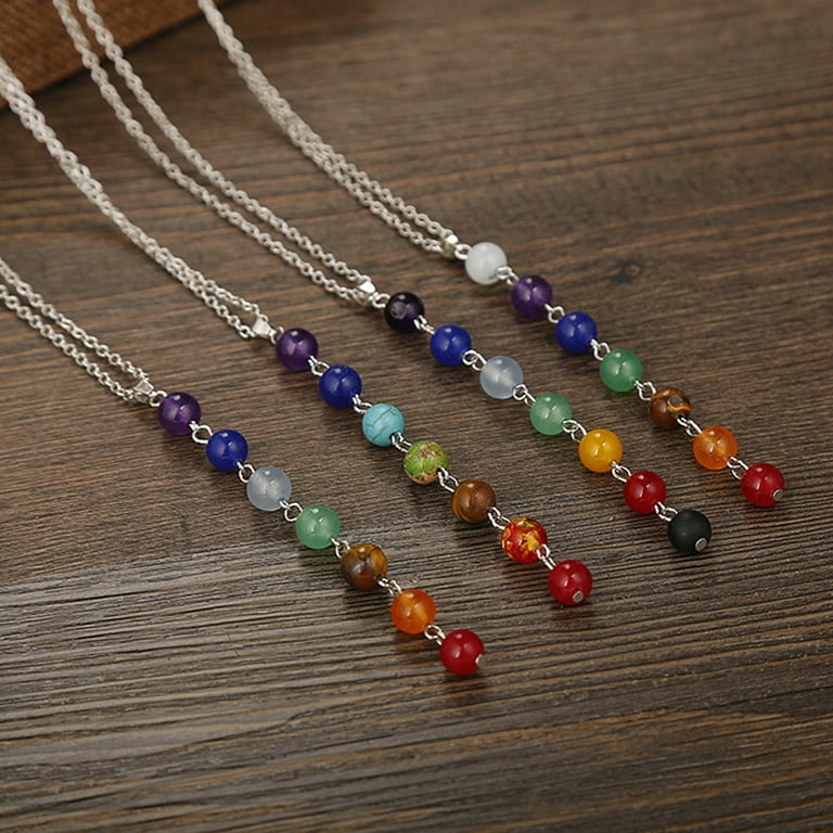 AYYUFE 7 Chakra Colorful Beads Long Dangle Necklace Yoga Balancing Stone 