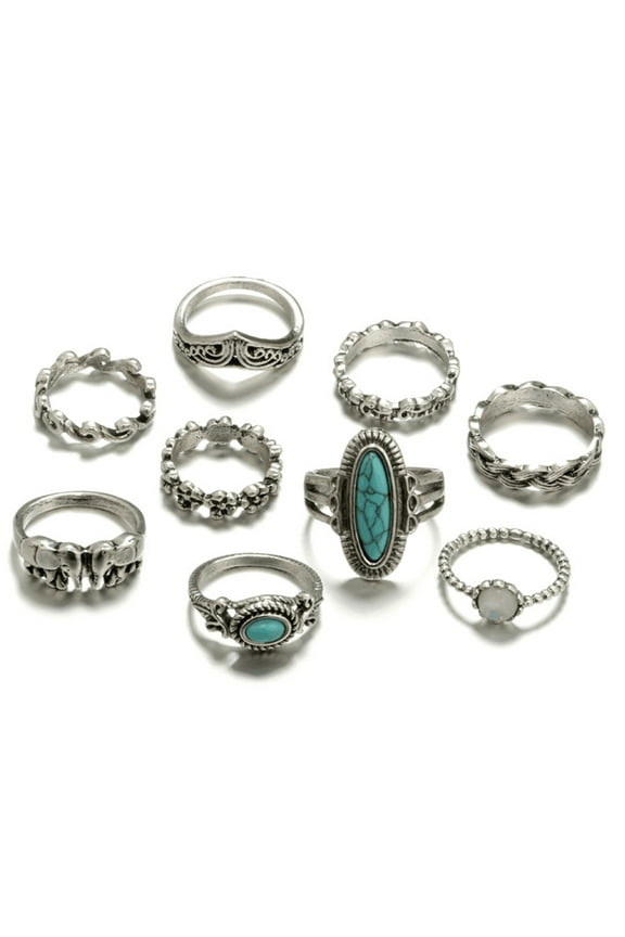 9Pcs Boho Stack Elephant Flower Faux Turquoise Midi Knuckle Rings