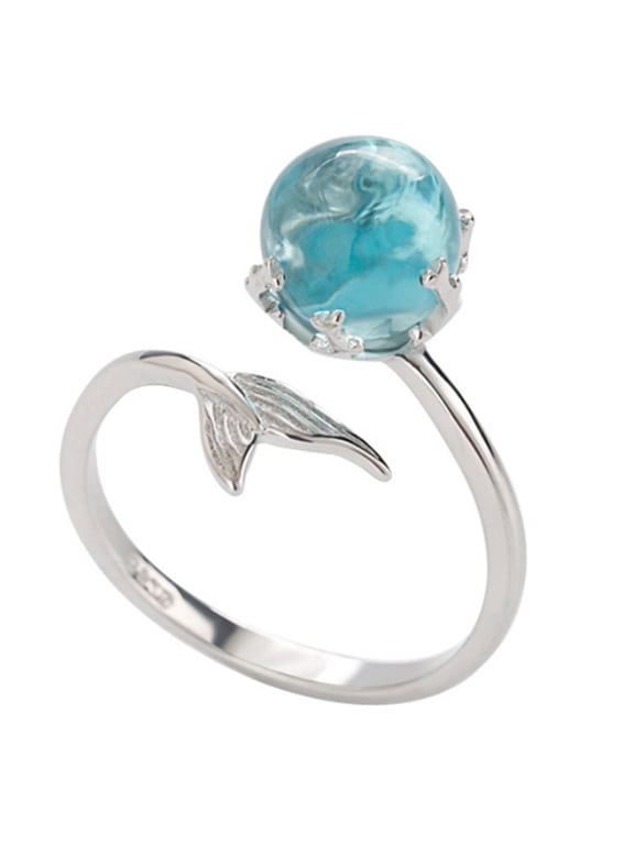 Adjustable Mermaid Tail Blue Rhinestone Bubble Finger Opening Women Ring Gift Copper, Rhinestone Silver