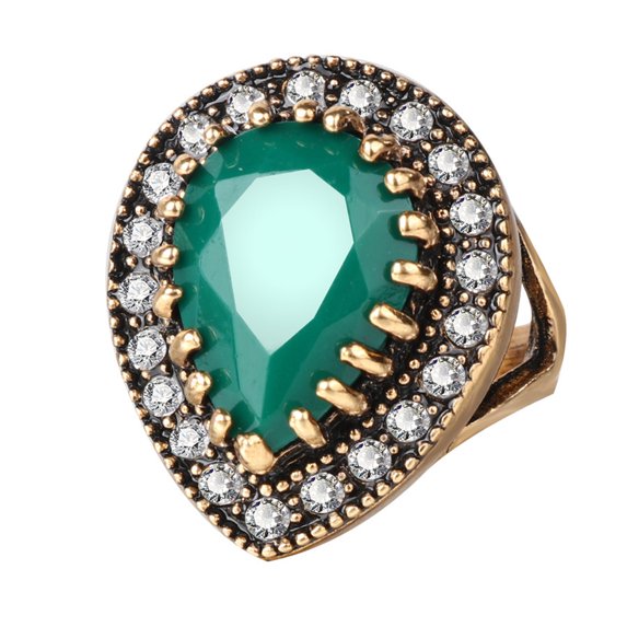 AYYUFE Antique Teardrop Resin Shiny Rhinestone Inlaid Finger Ring Women Jewelry Gift Alloy, Rhinestone, Resin Green