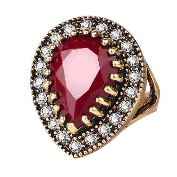 AYYUFE Antique Teardrop Resin Shiny Rhinestone Inlaid Finger Ring Women Jewelry Gift Alloy, Rhinestone, Resin Red
