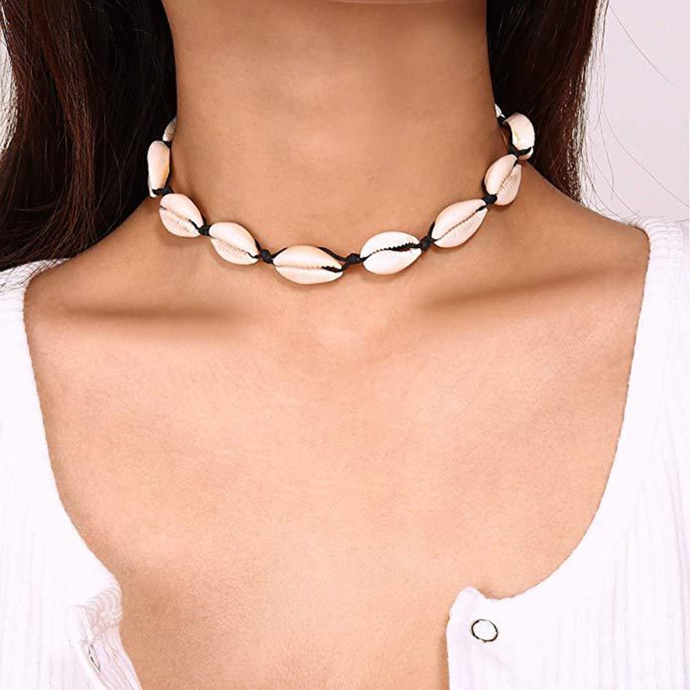 AYYUFE Handmade Shell Necklace, Braided Wax Cord Choker, Bohemia