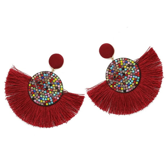 AYYUFE Bohemia Women Fan Shape Tassel Rhinestone Inlaid Ear Stud Earrings Jewelry Gift Alloy Blue