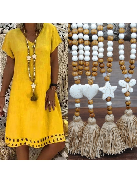 Bohemia Women Handmade Beads Tassels Pendant Chain Sweater Long Necklace