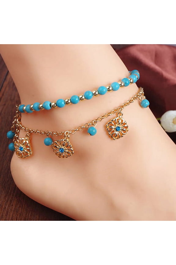 Boho Double Layers Rhinestone Flower Turquoise Foot Chain Anklet Ankle Bracelet
