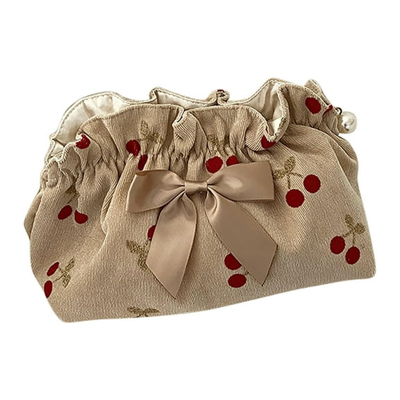 AYYUFE Bowknot Decor Cosmetic Bag Bowknot Decor Zipper Closure Corduroy Cherry Toiletry Pouch Beauty Case Clutches for Travel