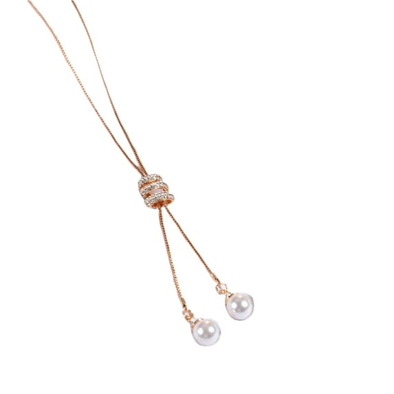 AYYUFE Charm Rhinestone Faux Pearls Pendant Long Necklace Women Sweater Chains Alloy, Rhinestone, Faux Pearl Gold