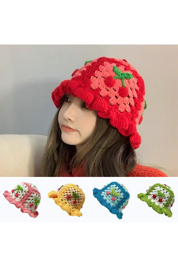 Cherry Crochet Bucket Hat Women Spring Autumn Handmade Knitted Cute Beanies Cap Vacation Traveling Beach Hat