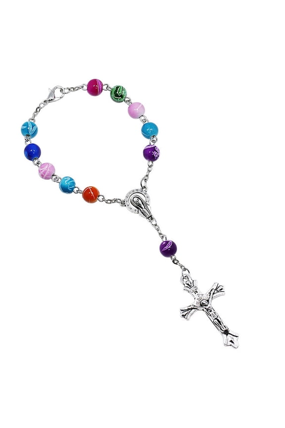 Christianity Goddess Jesus Cross Pendant Colorful Beads Chain Women Bracelet Alloy, Bead Multi-color