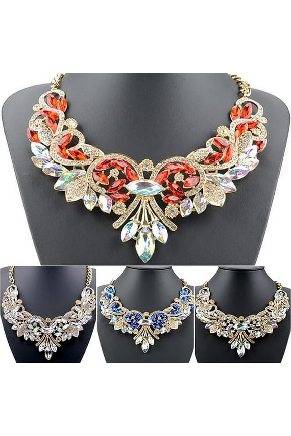 Colorful Rhinestone Flower Pendent Chain Choker Statement Collar Bib Necklace