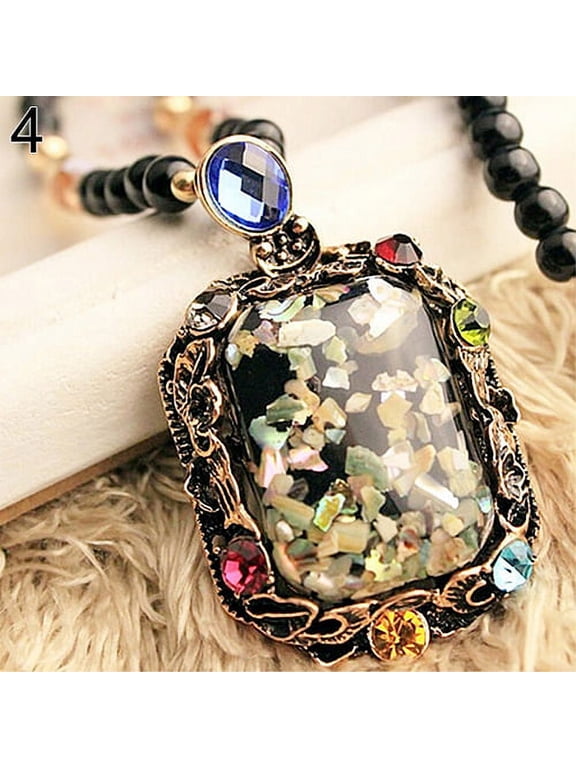 Colorful Shell Faux Opal Statement Bib Pendant Necklace Sweater Chain Gift Alloy, Rhinestone, Faux Opal Gold