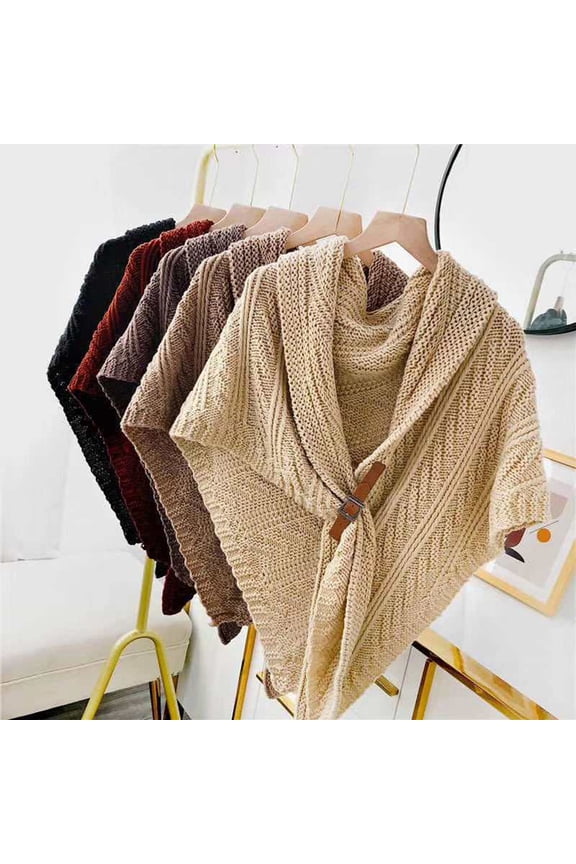 AYYUFE Faux Leather Buckle Fine Craftsmanship Thick Warm Knitted Scarf Women Autumn Winter Large Solid Triangle Scarf Poncho