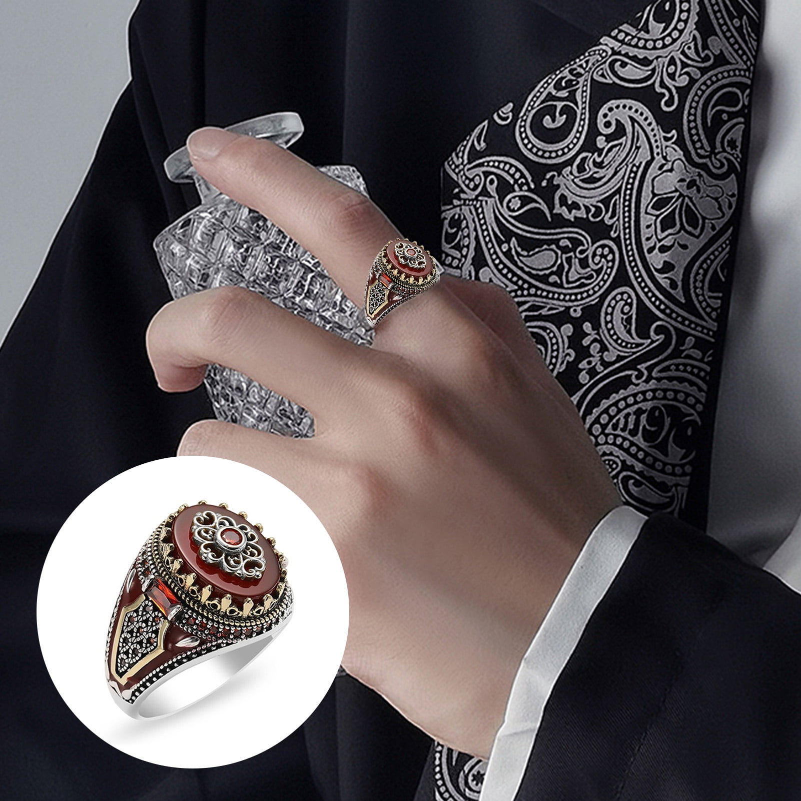 AYYUFE Finger Ring Exquisite Accessory Red Stone Retro Two tone Ring Men Banquet Jewelry Gifts Valentine s Day Gift