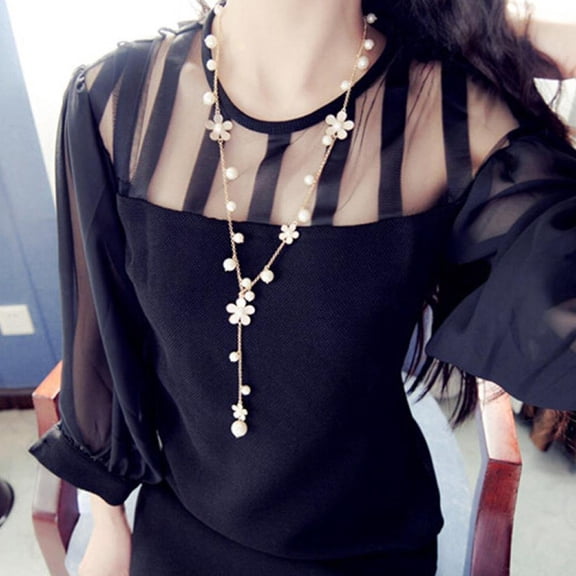 AYYUFE Flower Pearl Sweater Chain Pendant Long Necklace Women