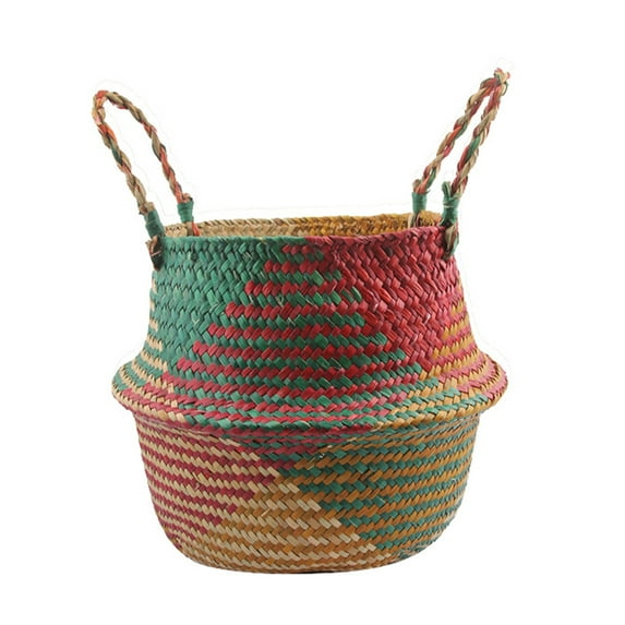 AYYUFE Folding Straw Wicker Storage Basket Handle Garden Flower Pot Planter Laundry Bag