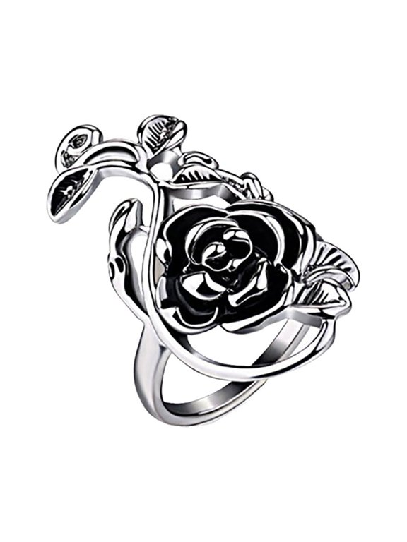 Gothic Women\'s Rose Flower Vine Alloy Enamel Finger Ring Cosplay Jewelry Gift Alloy Silver