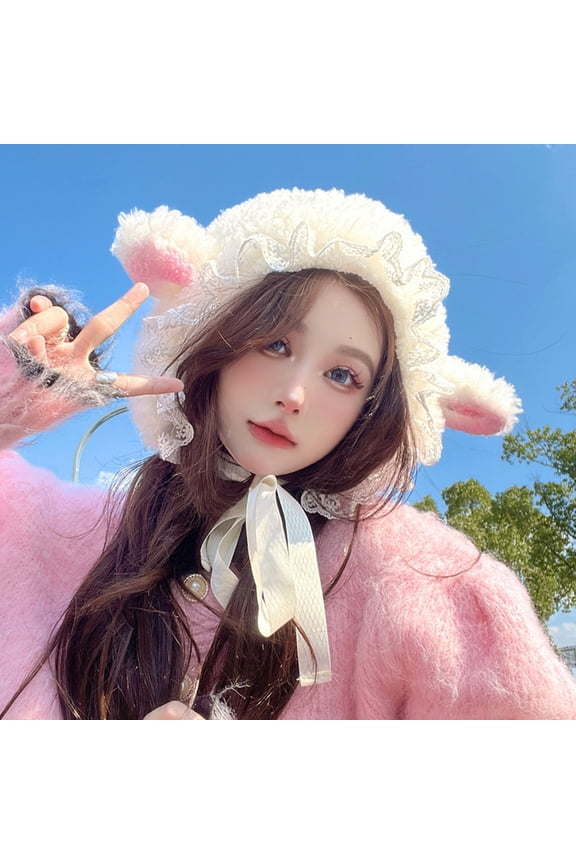 Ladies Hat Photo Prop Sheep Ear Decor Solid Color Fluffy Thick Keep Warm Windproof Adjustable Winter Hat for Students