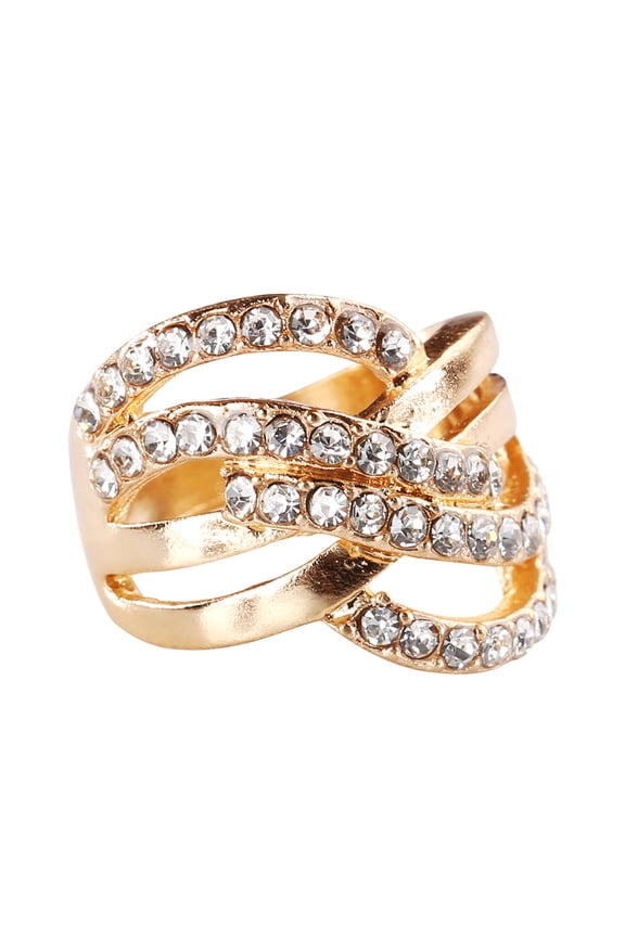 Luxury 9K Gold Plated Alloy Finger Band Rhinestone Inlaid Ring Jewelry Gift Rhinestone, Alloy, 9K Gold Plated Beige