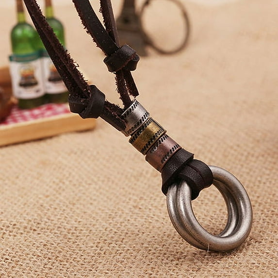 AYYUFE Men Leather Cord Double Circle Ring Pendant Necklace